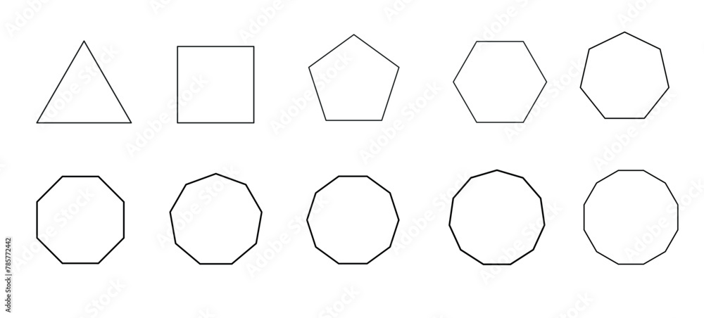 a set of regular polygons, contour shapes, linear drawing, didactic materials - obrazy, fototapety, plakaty 