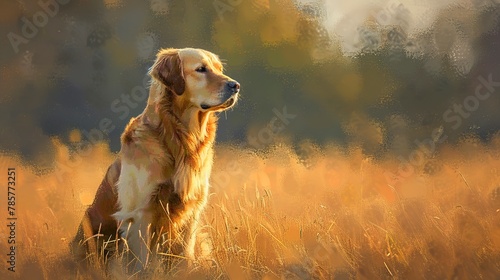Golden retriever in sunlit field, oil painting effect, eye-level, vibrant colors, soft edges.