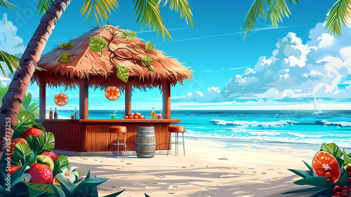 A modern cartoon illustration of a seaside cafe with cocktails and fruits during the summer. Tropical Hawaiian thatch- or straw-roofed hut built with wood and bamboo. photo