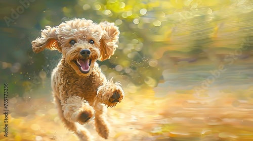 Joyful poodle running, oil painting look, dynamic angle, bright daylight, motion blur. 
