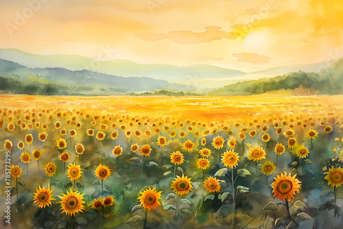 Mesmerizing watercolor of a sunflower field at dawn, evoking warmth with golden yellows and greens. Soft morning light infuses energy.