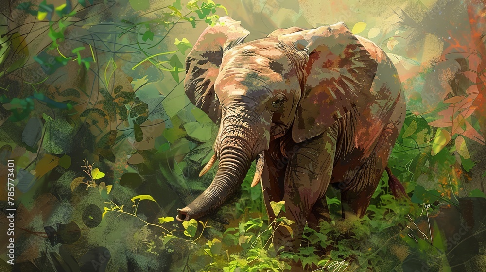 Fototapeta premium Young elephant with foliage, oil painting effect, lush greenery, playful mood, detailed texture. 