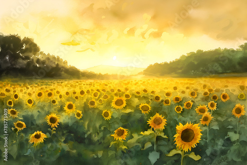Mesmerizing watercolor of a sunflower field at dawn, evoking warmth with golden yellows and greens. Soft morning light infuses energy.