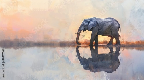 Reflective elephant, oil painting look, near water, tranquil moment, soft reflections, twilight hues.