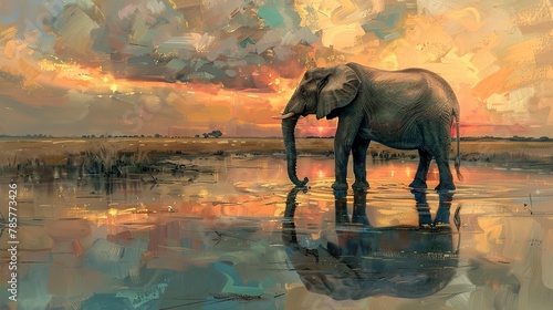 Reflective elephant, oil painting look, near water, tranquil moment, soft reflections, twilight hues. 