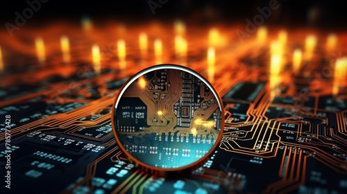 SEO sign viewed through a magnifying glass on a vibrant circuit board, illustrating web analytics and keyword research in search engine optimization and digital marketing.