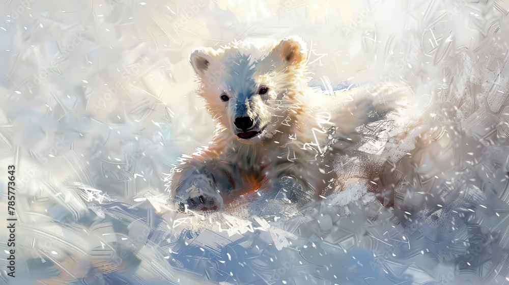 Fototapeta premium Playful polar bear cub, oil paint style, snowy landscape, bright light, fluffy texture, pure joy. 