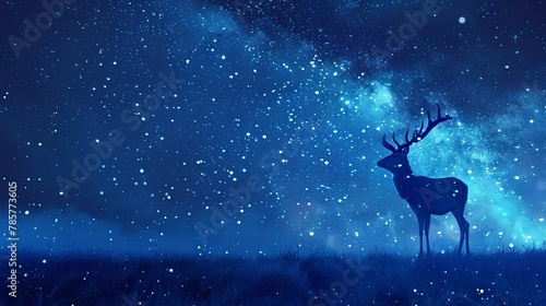 Solitary deer under starry sky, oil painting effect, mystical night, cool blues, gentle luminescence.