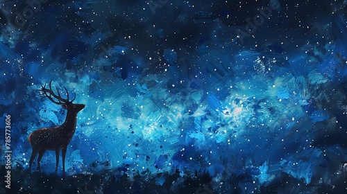 Solitary deer under starry sky  oil painting effect  mystical night  cool blues  gentle luminescence. 
