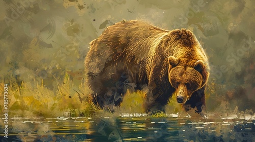 Mighty grizzly bear at riverbank, oil painting effect, soft morning mist, vibrant greens, serene. 