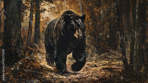 Solitary black bear, classic oil painting look, dense forest backdrop, deep shadows, rich browns.