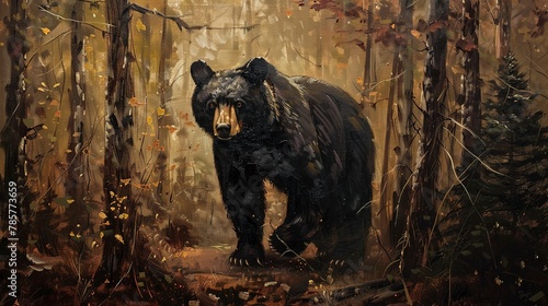 Solitary black bear, classic oil painting look, dense forest backdrop, deep shadows, rich browns. 