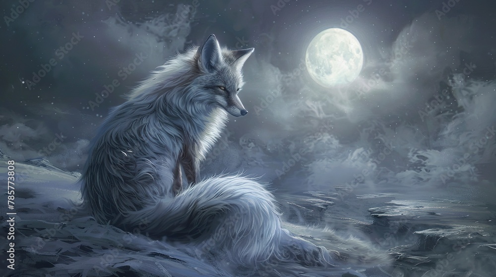 Wise old fox, oil painting technique, under moonlight, mystical aura, silver hues, contemplative. 