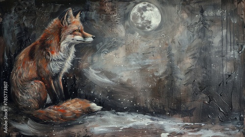 Wise old fox, oil painting technique, under moonlight, mystical aura, silver hues, contemplative.  photo