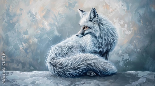 Majestic silver fox, oil painting style, noble pose, winter backdrop, soft blues, regal fur detail. 