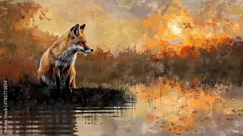 Peaceful fox, oil painting effect, tranquil riverbank, sunset glow, reflective water, calm solitude.