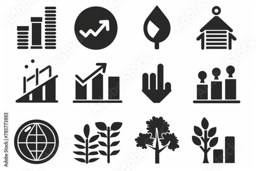 Growth icon set. Containing performance, gain, improvement, grow, chart, increase, evolution and development icons. Solid icon collection. Vector illustration. vector icon, white background, black col photo
