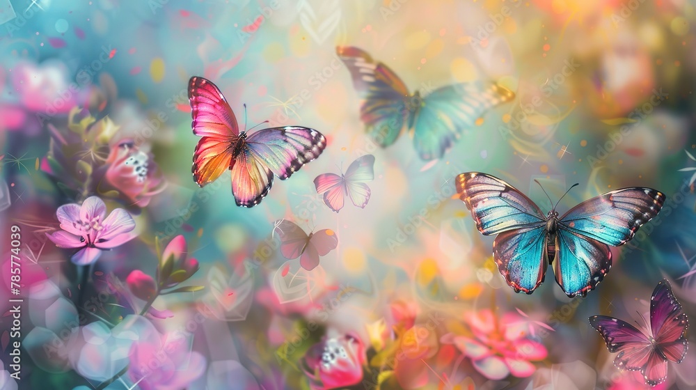 Colorful butterflies around blossoms, oil paint effect, spring vibrance, soft focus, floral paradise.
