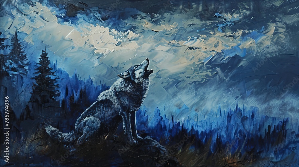 Alpha wolf howling, oil paint style, dusk light, commanding presence, deep blues, powerful aura.  - obrazy, fototapety, plakaty 