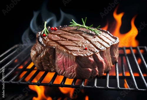 Delicious Grilled Beef on Flames and Grill