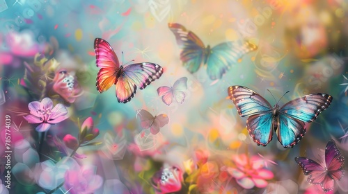 Colorful butterflies around blossoms, oil paint effect, spring vibrance, soft focus, floral paradise.