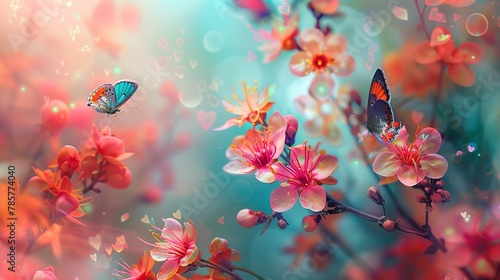 Colorful butterflies around blossoms, oil paint effect, spring vibrance, soft focus, floral paradise. 