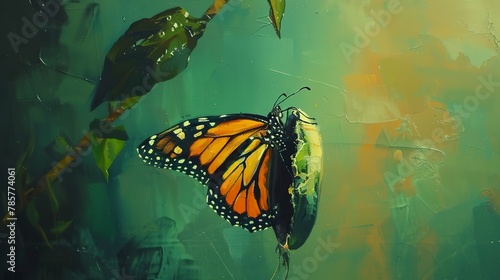 Butterfly emerging from cocoon, oil paint effect, dawn of life, soft hues, moment of transformation. 