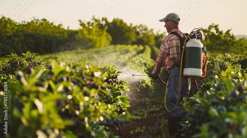 Farmer meticulously using a pesticide, insecticide and herbicide sprayer in a vibrant blueberry farm during the tranquil springtime, before the onset of blooming