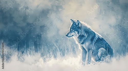 Lone wolf in snowfall, oil painting effect, soft twilight, pristine white, silent vigil. © Thanthara