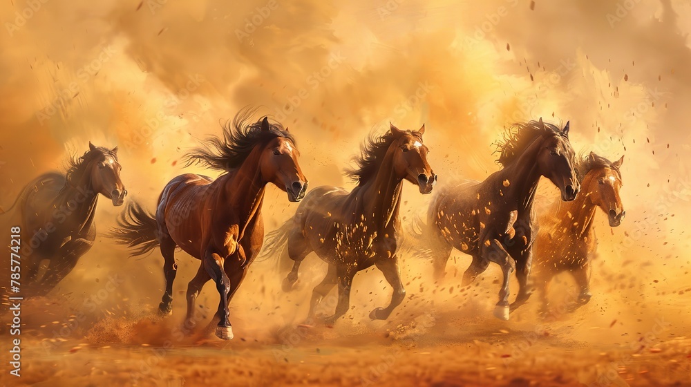 Charging wild horses, dynamic oil painting look, dust clouds, intense motion, vivid earth tones. Charging wild horses, dynamic oil painting look, dust clouds, intense motion, vivid earth tones.