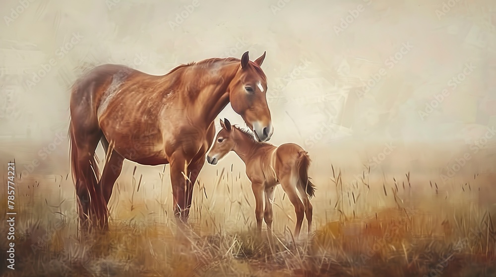Graceful mare and foal, oil paint style, soft dawn light, tender moment, pastel hues, serene. Graceful mare and foal, oil paint style, soft dawn light, tender moment, pastel hues, serene.