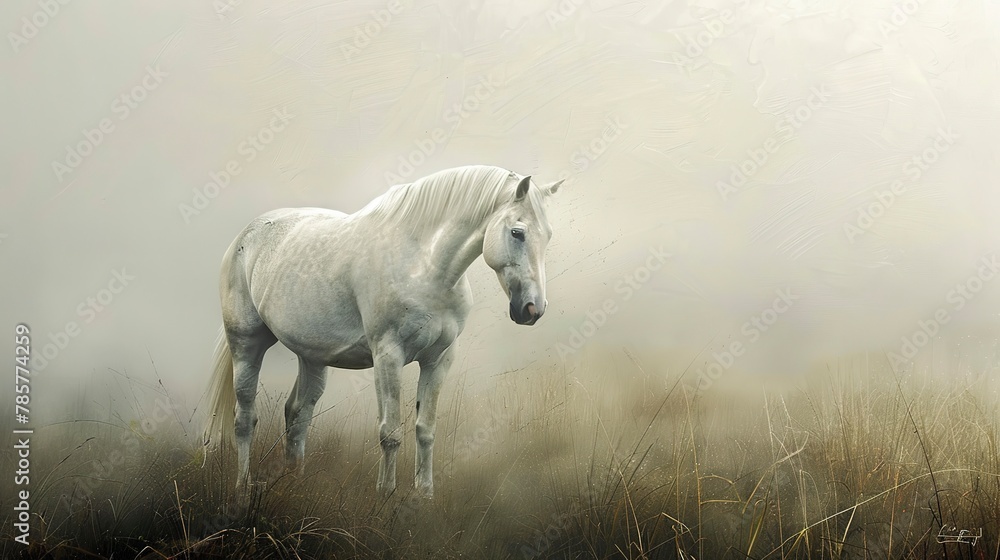 Solitary white horse, oil painting style, misty morning, ethereal beauty, soft whites, peaceful solitude. 