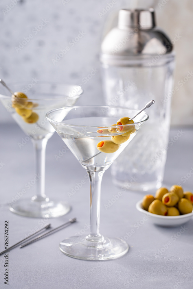 Martini cocktail with vodka, vermouth and olive garnish