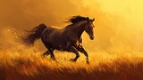 Majestic stallion in golden field, oil painting effect, sunset glow, vibrant golds, powerful stance.