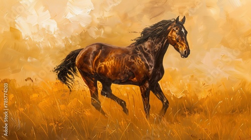 Majestic stallion in golden field, oil painting effect, sunset glow, vibrant golds, powerful stance. © Thanthara