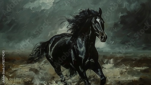 Noble black horse  classic oil painting technique  stormy backdrop  dramatic contrast  fierce eyes. 