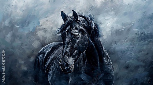 Noble black horse, classic oil painting technique, stormy backdrop, dramatic contrast, fierce eyes.  © Thanthara