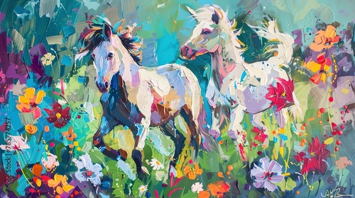Playful ponies in spring, oil paint effect, lush meadow, bright flowers, joyful exploration, colorful.  photo
