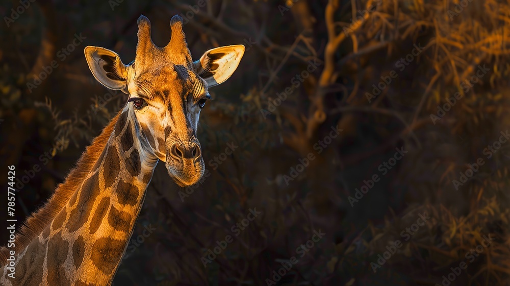 Obraz premium Elder giraffe, classic oil painting look, wise eyes, setting sun, deep shadows, timeless grace. 