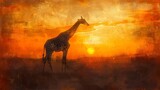 Silhouette of giraffe at sunrise, oil paint effect, horizon ablaze, slender form, serene start, soft oranges. 