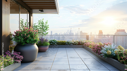 Modern Rooftop Garden: Potted Plants and City Skyline Views