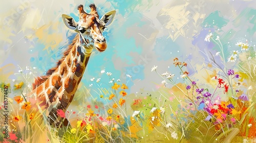 Young giraffe amidst flowers  oil painting style  vibrant meadow  playful discovery  colorful backdrop. 