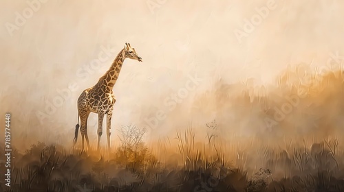 Giraffe in misty morning  oil painting effect  ethereal light  soft focus  dreamy ambiance  muted tones.