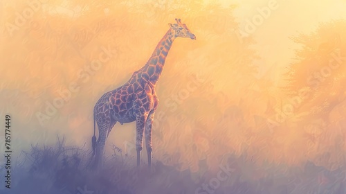 Giraffe in misty morning  oil painting effect  ethereal light  soft focus  dreamy ambiance  muted tones. 