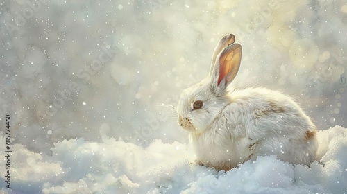 Fluffy white rabbit in snow  oil painting effect  soft light  pristine white  gentle curiosity. 