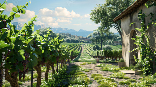 Picturesque Vineyard: Rows of Grapevines and Wine Tasting Area