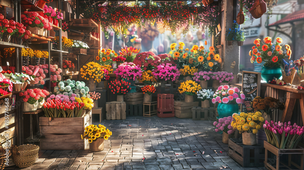 Vibrant Flower Market: Colorful Blooms and Rustic Crates