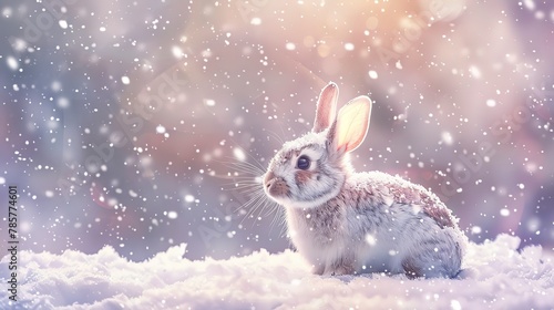 Rabbit in winter wonderland, oil paint effect, gentle snowfall, magical ambiance, crisp whites.  © Thanthara