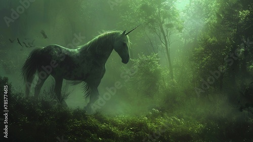 Majestic unicorn in mystical forest, oil painting effect, ethereal glow, vibrant greens, magical aura. 