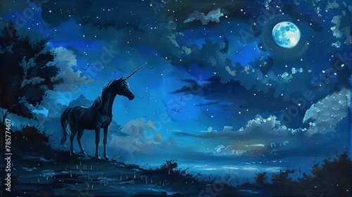 Unicorn under moonlit sky, oil paint style, silver beams, mystical silhouette, tranquil blues, serene night.  © Thanthara